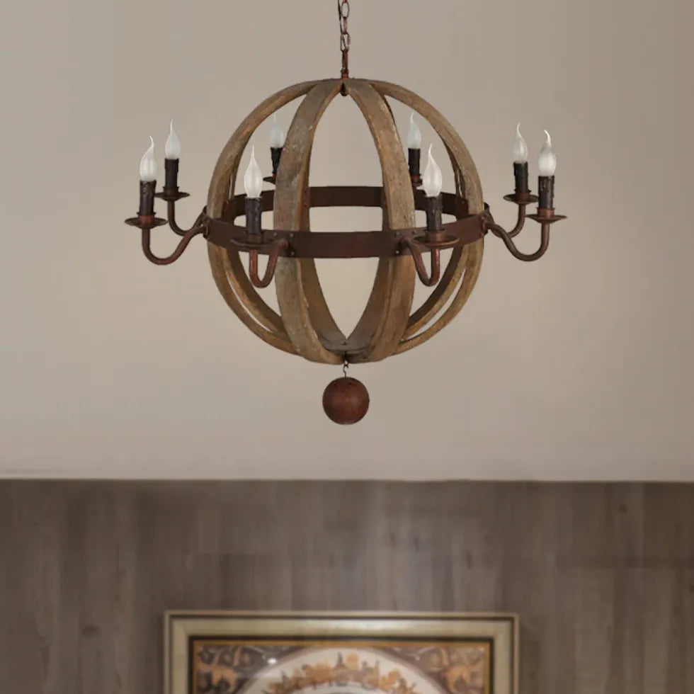 Retro kroonluchter bolvorm met houten details