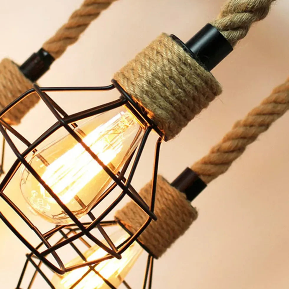 Zwarte hanglamp industrieel met retro jute touw