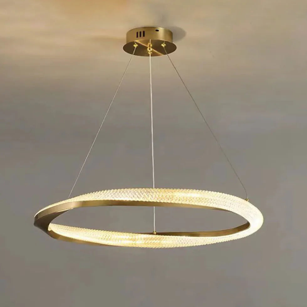 Hanglamp koperkleurig gekruiste ring woonkamer