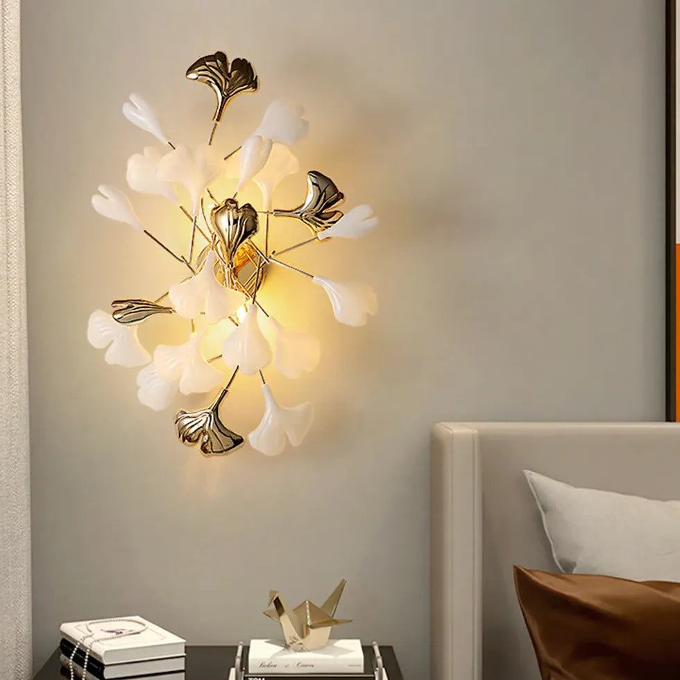 Muurlampen woonkamer witte ginkgo bladeren