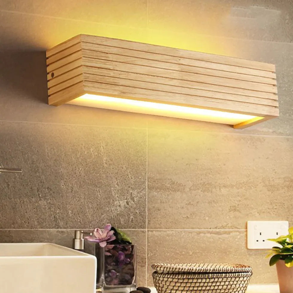 Opbouw spiegelverlichting rechthoekig hout met wandlamp ontwerp
