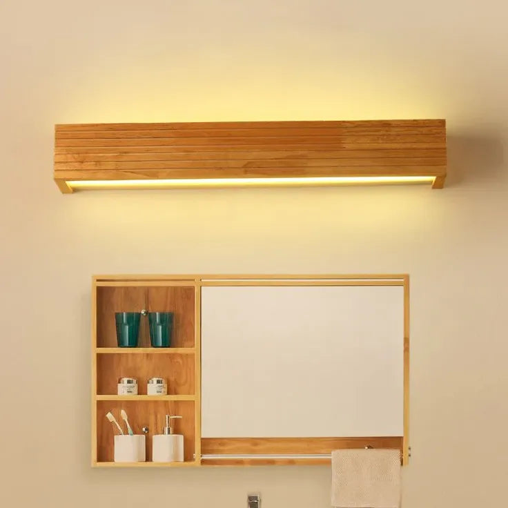 Opbouw spiegelverlichting rechthoekig hout met wandlamp ontwerp