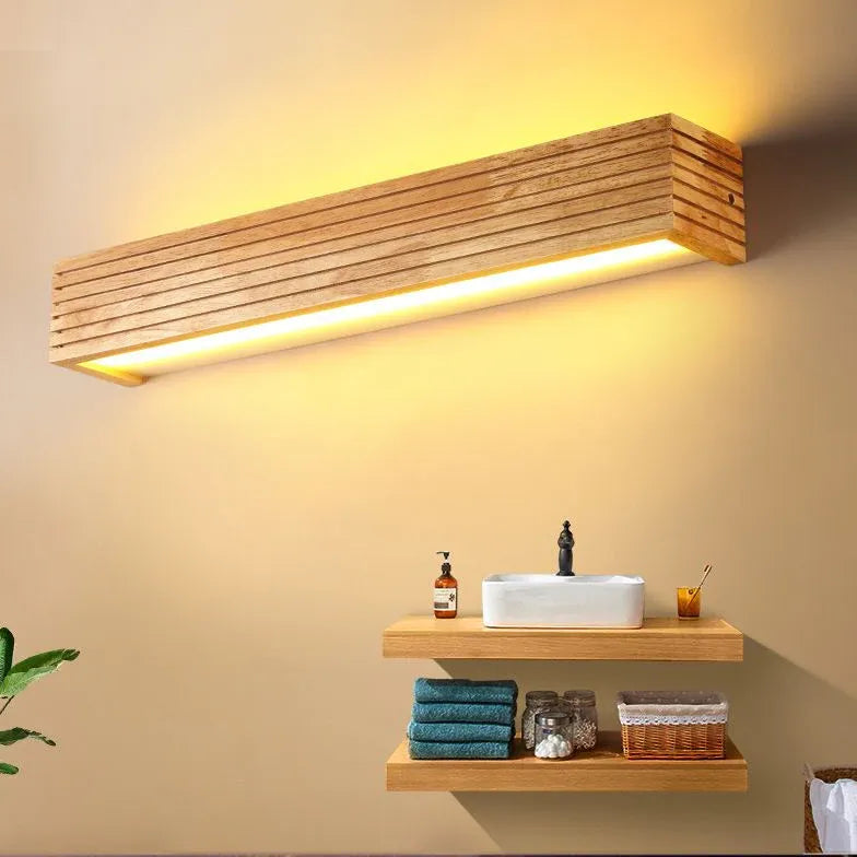 Opbouw spiegelverlichting rechthoekig hout met wandlamp ontwerp